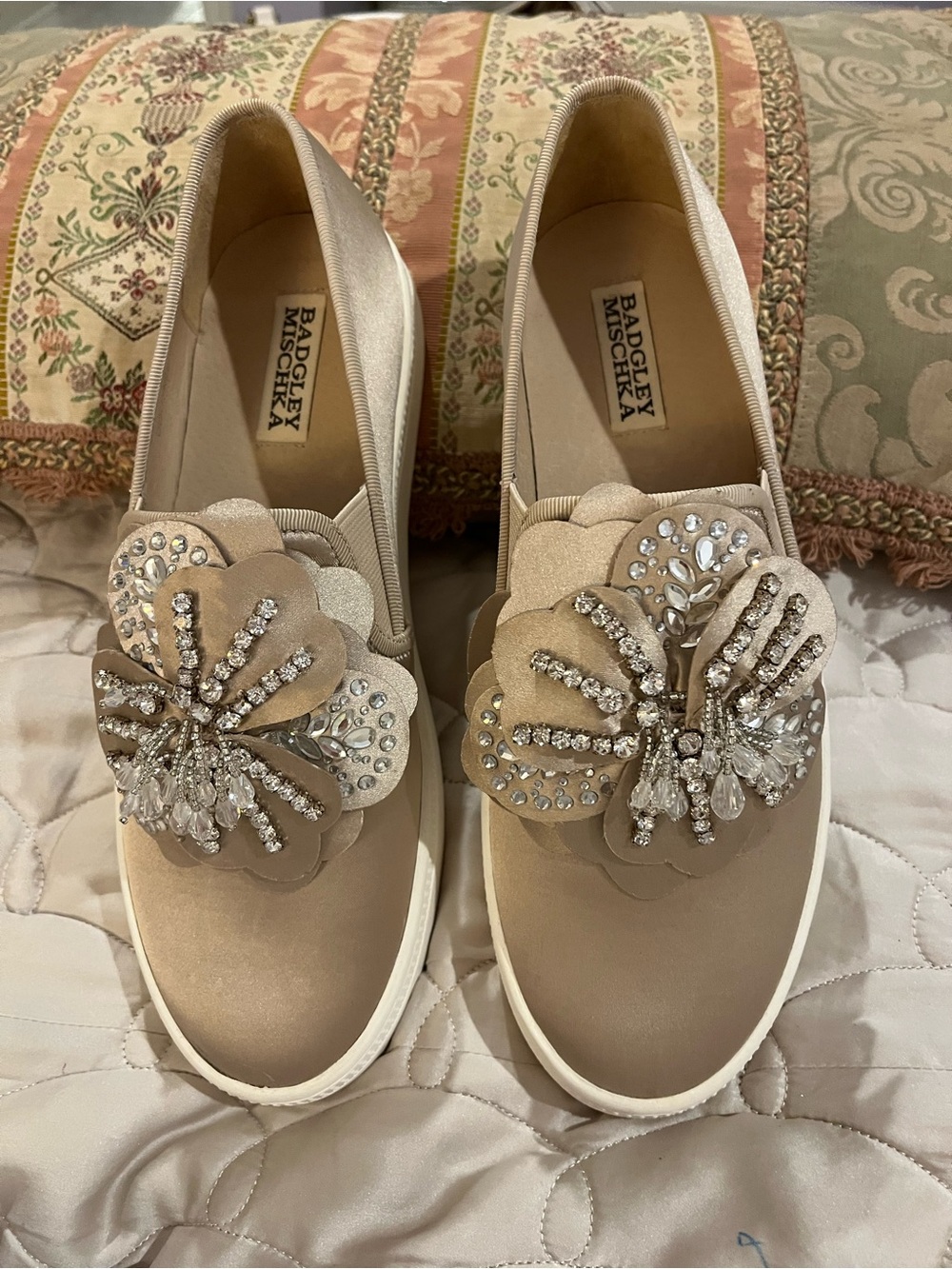 Badgley Mischka Beige Taupe Jeweled Floral Slip-On Sneakers